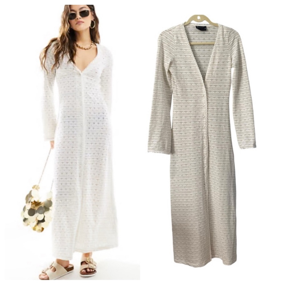 NWOT Asos Design Button Front Flared Long Sleeve Cream Maxi Dress 0